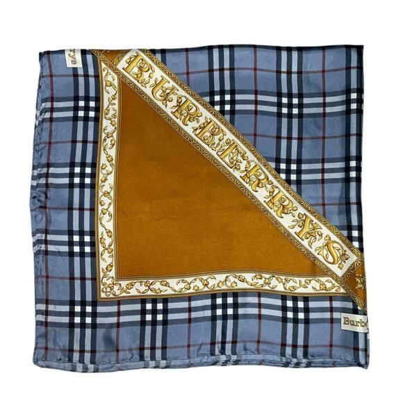 BURBERRYS PRORSUM Logo Blue x Brown Silk Scarf - Picture 9 of 16